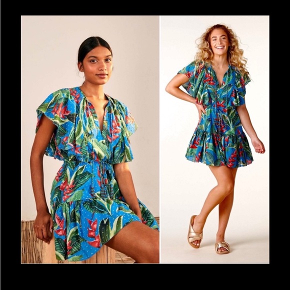 Farm Rio Dream Garden Mini Dress Ruffle Tassel Tie size Small in Blue Swiss Dot - Picture 5 of 12